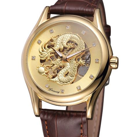 Golden Dial Chinese Dragon Design Brown Leather Belt Automatic