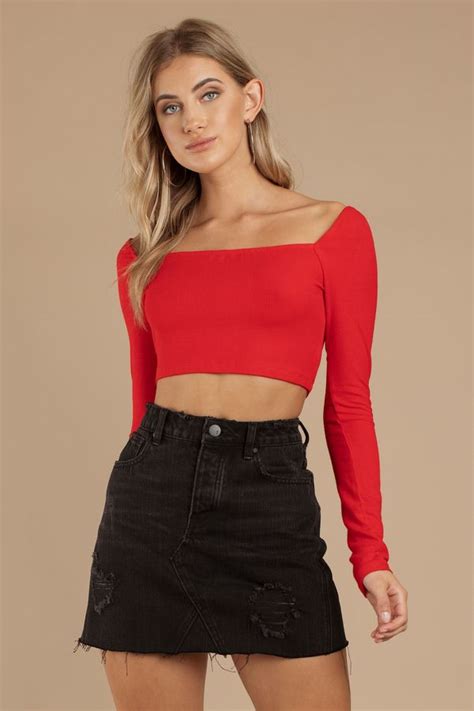 Side Note Red Ribbed Crop Top Crop Top Outfits Red Long Sleeve Crop