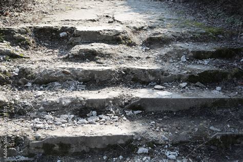 Old Destroyed Concrete And Stone Steps Of The Stairs Stock Photo