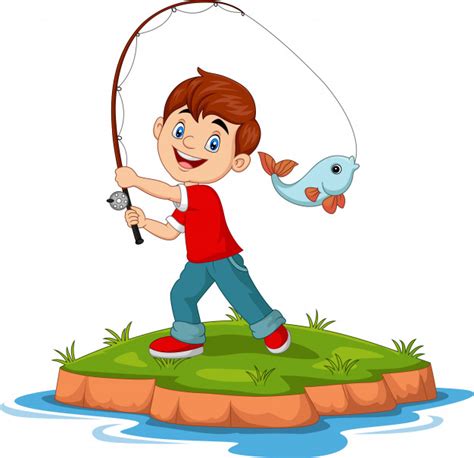 Illustration Of Cartoon Happy Boy Fishing Premium Vector