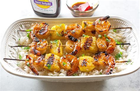 Grilled Shrimp And Pineapple Skewers Over Coconut Rice