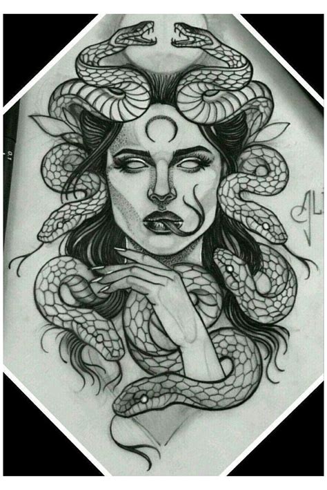 A Drawing Of A Woman With Snakes On Her Head And Hands In Front Of Her Face