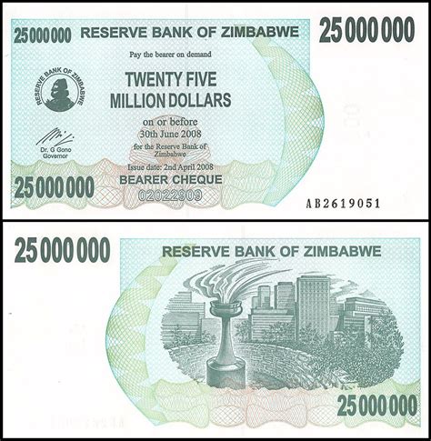 zimbabwe 25 million dollars bearer cheque banknote 2008 p 56 unc