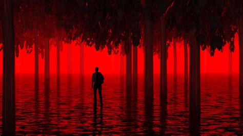 Download Wallpaper 1920x1080 Water Trees Man Red Neon