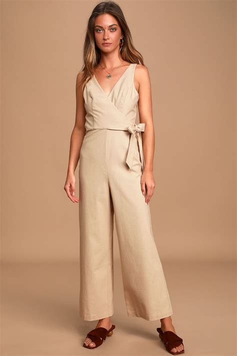 Cute Beige Jumpsuit Wrap Jumpsuit Wide Leg Jumpsuit Lulus