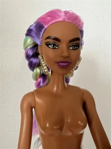 Nude Barbie Extra Doll Pastel Rainbow Hair Braids Earrings