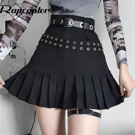 Rapcopter Y2k Black Pleated Skirts Rivet Vintage Basic Cute Mini Skirts