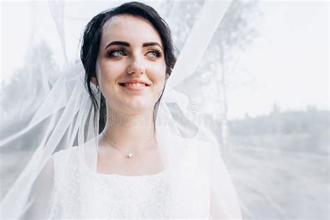 Beautiful Bride In A Wedding Dress Covered With A Veil Portrait Of The Bride In Nature Under A