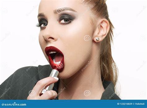 Beautiful Lips Painted Red Lipstick Stock Image Image Of Closeup