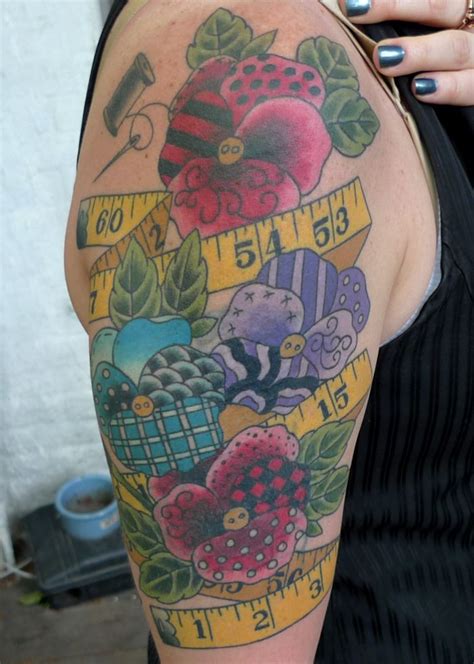 Patchwork Pansies And Measuring Tape Sewing Themed Craft Tattoo Tattoo