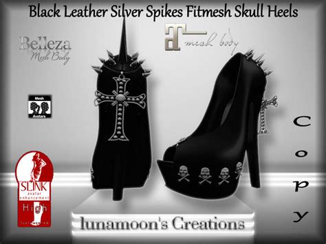 Second Life Marketplace Black Leather Silver Spike Fitmesh Skull