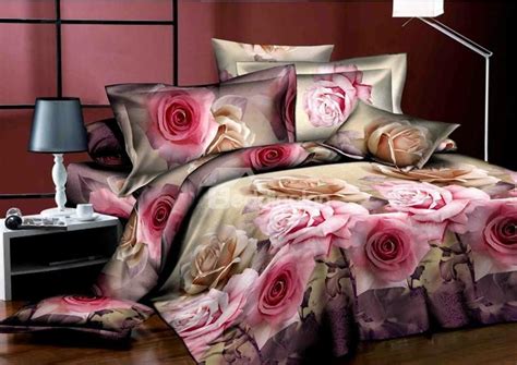 Romantic Pink Roses Flower Print 4 Piece Bedding Setscomforter Sets Elegant Comforter Sets Red