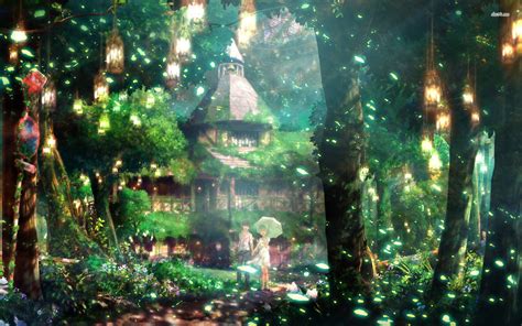 Castle City Forest Waterfall Fairy Elf Magical Wallpaper