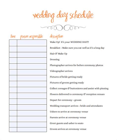 sample wedding schedules   ms word