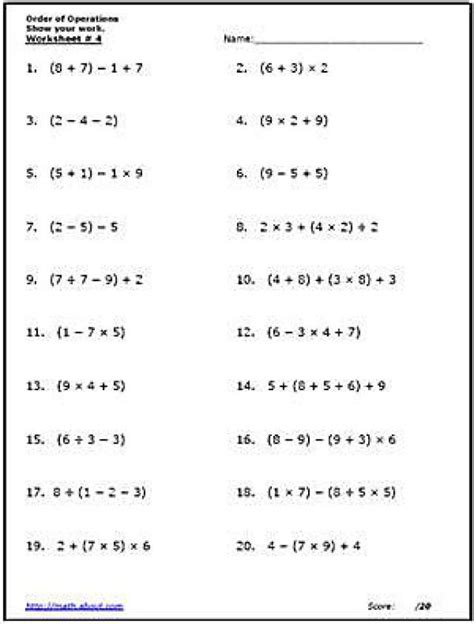 Free Printable Algebra Worksheets Order Of Operations
