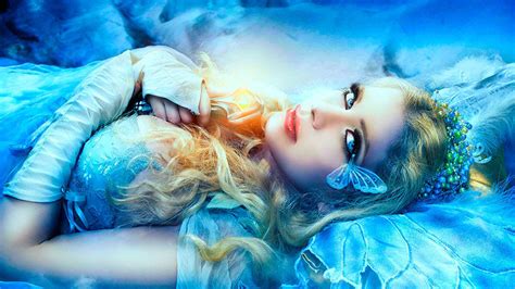 Download Blue Eyes Blue Fairy Flower Butterfly Blonde Fantasy Woman Hd