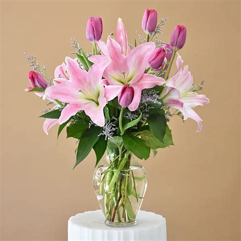 Pink Lily And Tulips Arrangements Betterflowersae