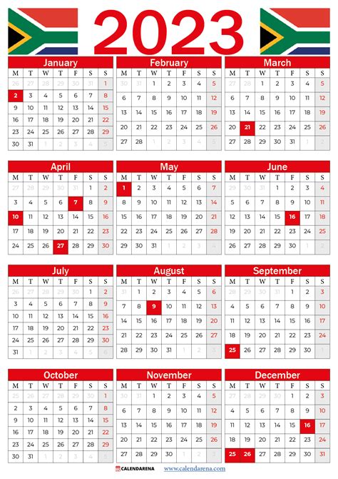 2023 Calendar South Africa With Public Holidays Red In 2022 Holiday