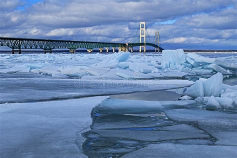 Blue Ice Shards And Mackinac Bridge Stock Image Image Of Landscape
