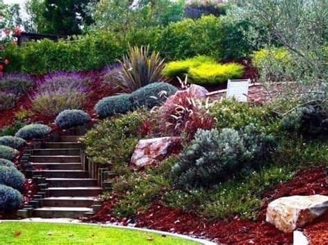 In this backyard landscaping idea, the path itself is defined by the way the homeowner has placed the curving bushes. Top 50 Best Slope Landscaping Ideas - Hill Softscape Designs