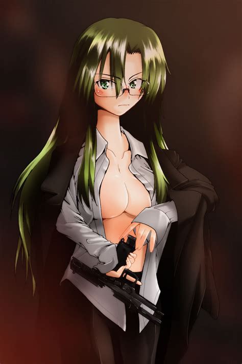 Asatana Asougi Rin Mnemosyne 00s 1girl Breasts Cleavage Glasses Green Hair Gun Handgun