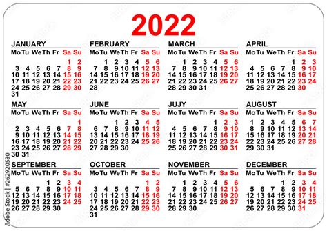 Office Pocket Calendar 2022 Year Template Horizontal Orientation Stock