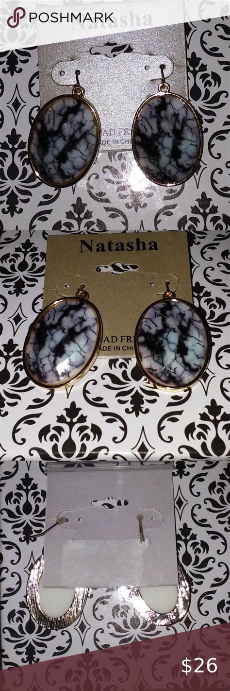 Natasha Oval Black Gray White Stone Gold Earrings