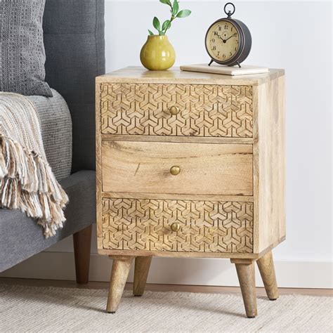 Lytle Boho Handcrafted Mango Wood 3 Drawer Nightstand Natural By Noble House