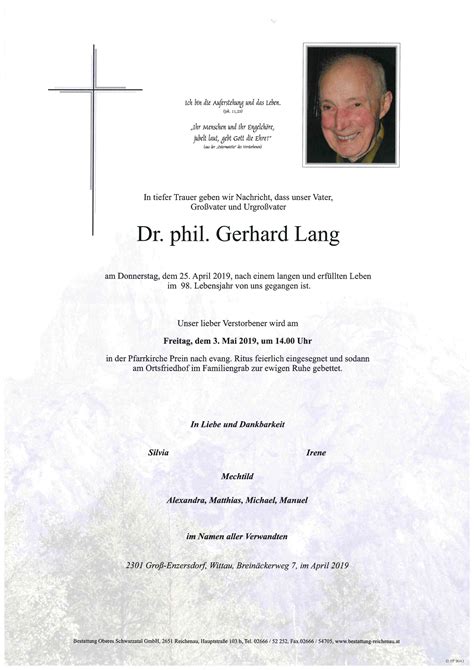 Jump to navigation jump to search. Dr. phil. Lang Gerhard | Bestattung Oberes Schwarzatal