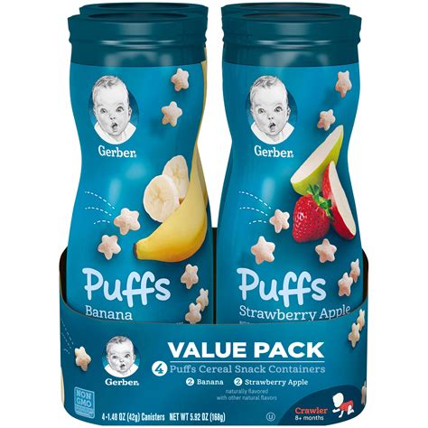4 Canisters Gerber Puffs Bananastrawberry Apple Cereal Snack Variety