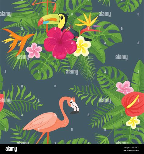 vector cartoon style summer seamless pattern with tropical leaves toucan flamingo and flowers