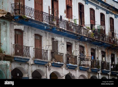 Cuban Cuba Capital Havana Typical Street Scene Balconies And