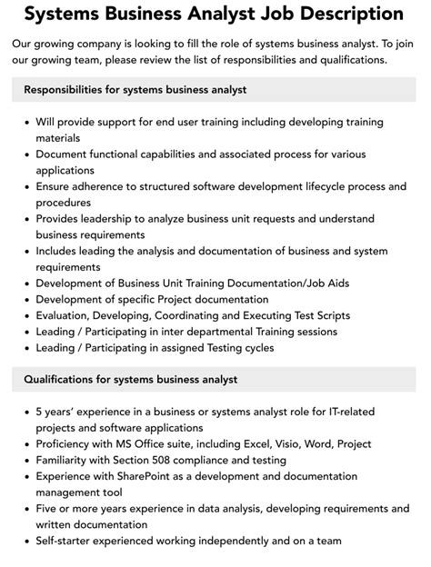 Systems Business Analyst Job Description Velvet Jobs