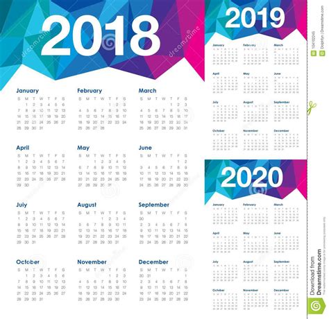 Year 2018 2019 2020 Calendar Vector Stock Vector Illustration Of