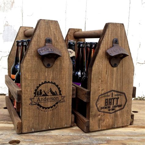 Bbq Rustic 12oz Six Pack Wooden Beer Caddy Tote With Bottle