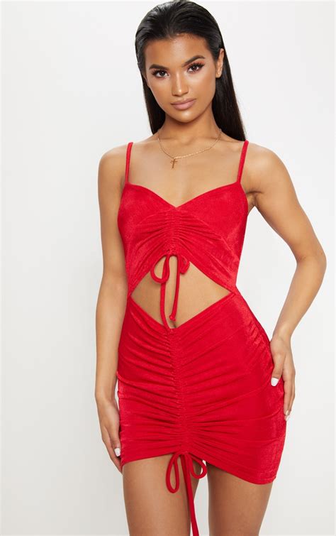 Red Sleeveless Ruched Cut Out Bodycon Dress Prettylittlething Usa