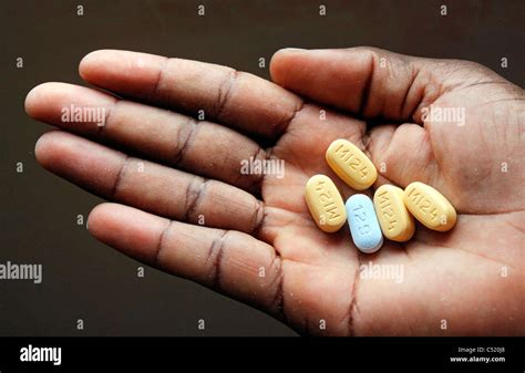 Hand With Five Tablets High Measured Arv Antiretoviral Medicine Stock