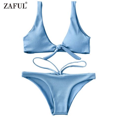 Zaful Bikini 2018 Textured Knotted Swimwear Women Scoop Bikini Set Sexy Low Waisted U Neck