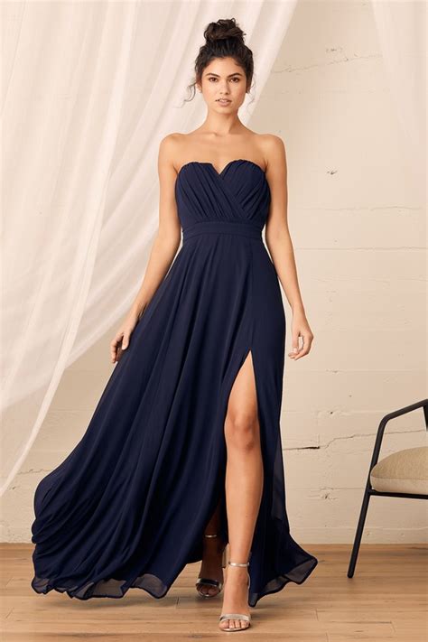 Navy Blue Maxi Dress Strapless Maxi Dress Pleated Maxi Dress Lulus