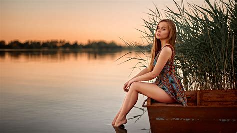 Wallpaper Anton Dyatlov Barefoot Boat Bokeh Dress Figure Hairstyle Legs Look Makeup