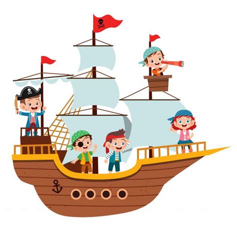 Grupo De Piratas Dos Desenhos Animados Em Um Navio No Mar Vetor