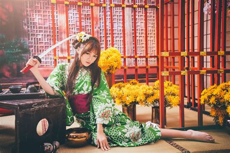 2048x1365 Asian Girl Yellow Flower Model Oriental Sword