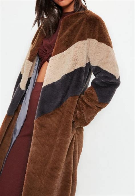 Brown Faux Fur Longline Colour Block Coat Missguided