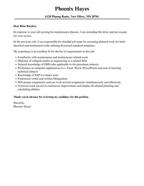 Maintenance Planner Cover Letter Velvet Jobs