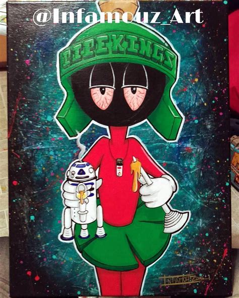 Love this amazing piece from @infamouz_art Honored Marvin ... Marijuana joint cartoon character smoking a bong.