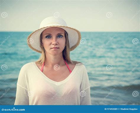 Beautiful Middle Aged Woman In Hat On The Beach Stock Image Image Of