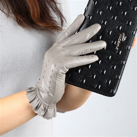 Women Leather Glove Fashion Ruffle Style Unlined Genuine Sheepskin Gloves Female Outdoor Non