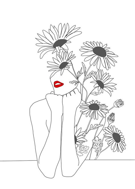 Minimal Line Art Girl With Sunflowers Mini Art Print By Nadja Without
