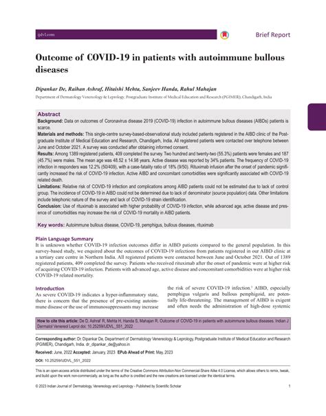 Pdf Outcome Of Covid 19 In Patients With Autoimmune Bullous Diseases