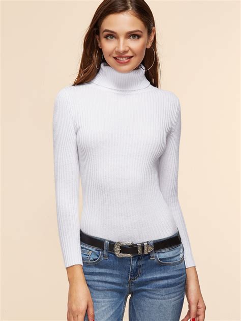 White Ribbed Knit Turtleneck Slim Fit Sweater Shein Sheinside